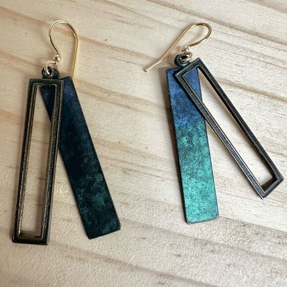Modernist Patina Rectangle Drop Earrings with Gold-Tone Hooks - Picture 2 of 7